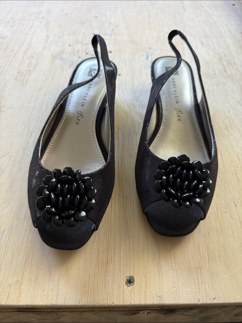 Anne Klein Black Peep-Toe Slingback Flats with Floral Accents